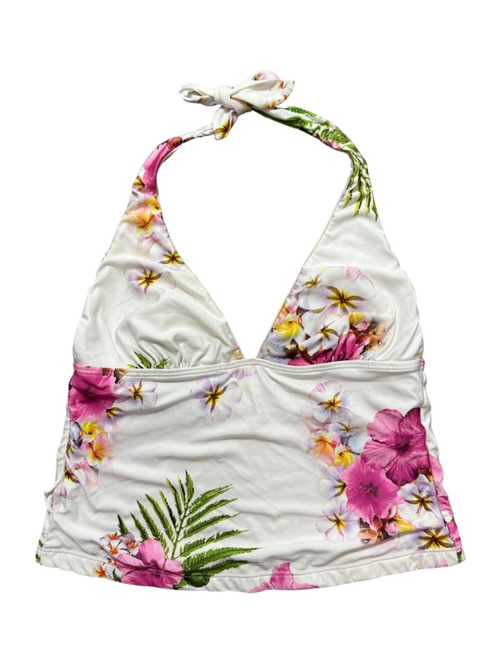 🌴 Vintage Y2K Tropical Hibiscus Halter Top Plunge Tankini Swim Top Pink White M